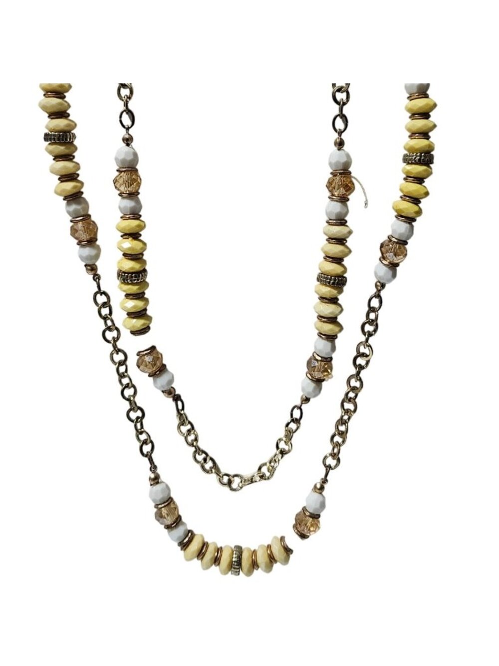 Vintage Beaded Necklace Multi Strand Gold Tone Yellow White Beads Retro Jewelry